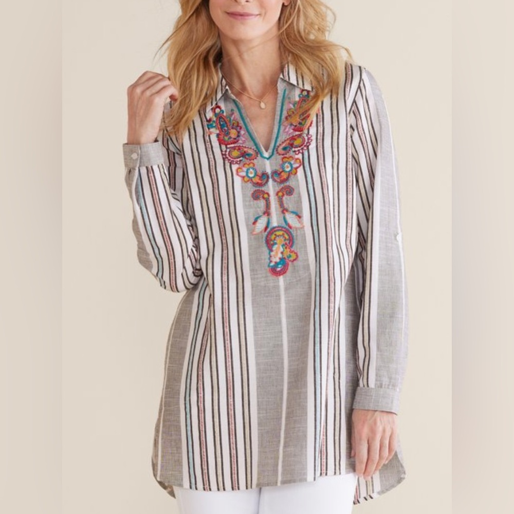 Soft Surroundings Floral Embroidery Top Paisley Tunic Stripe Pocket Roll Tab M